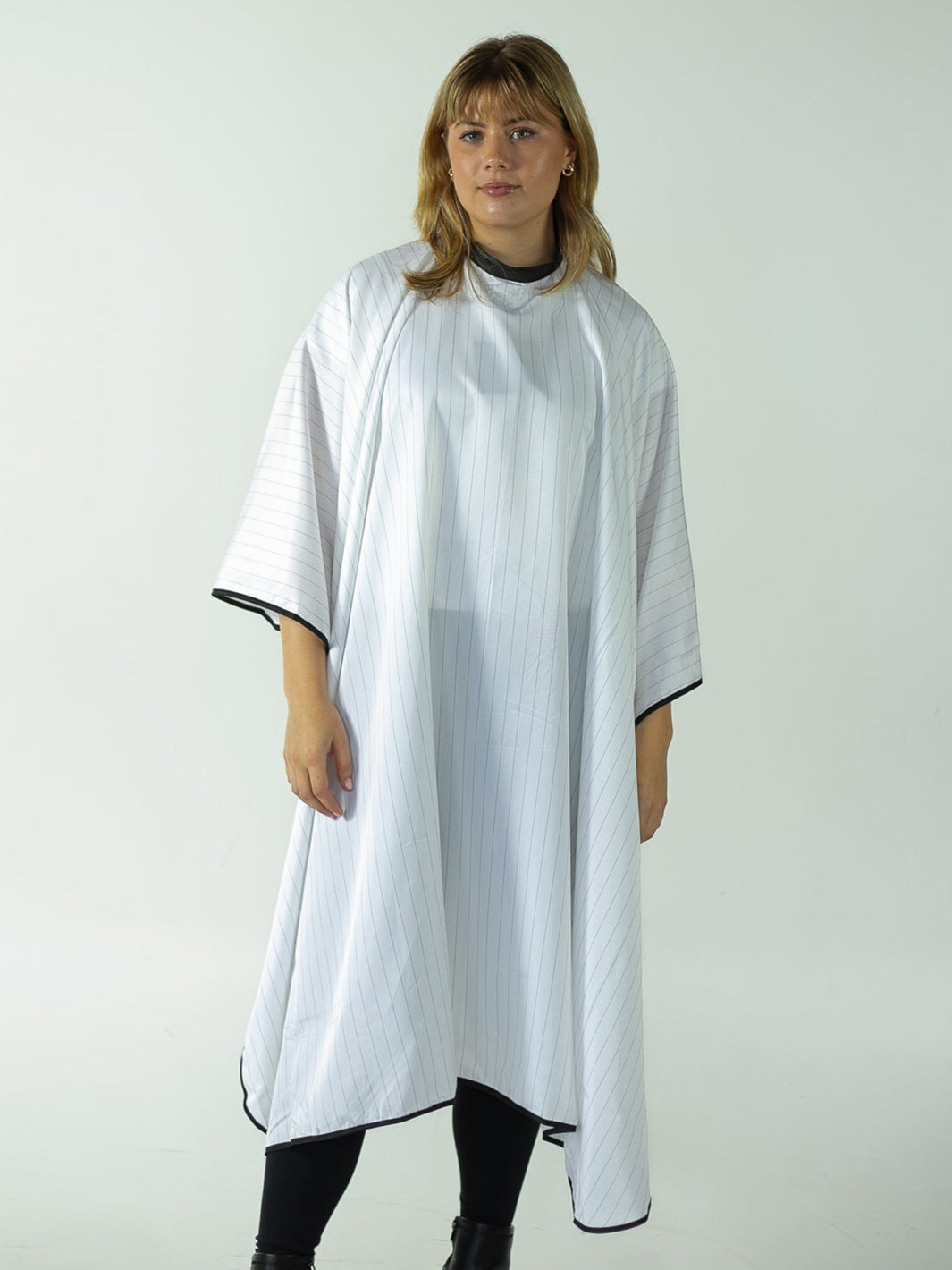 A DURASILK™ PINSTRIPE BARBER CAPE CUSTOM BRANDING