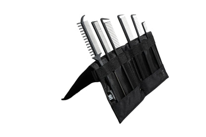 A sleek black case containing five distinct combs