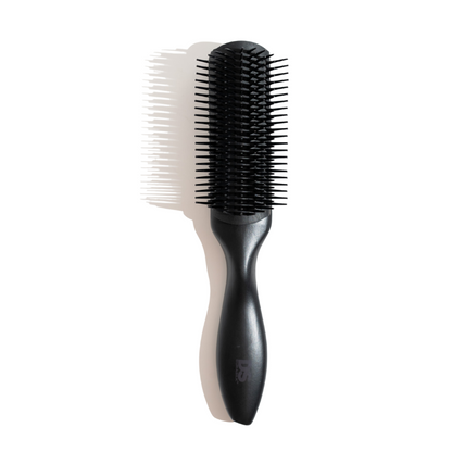 A black hairbrush featuring a long handle